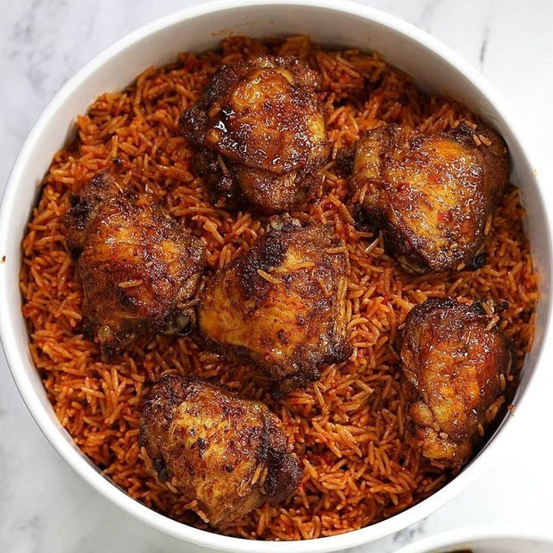 Jollof rice with (chicken, turkey, beef or, fish)